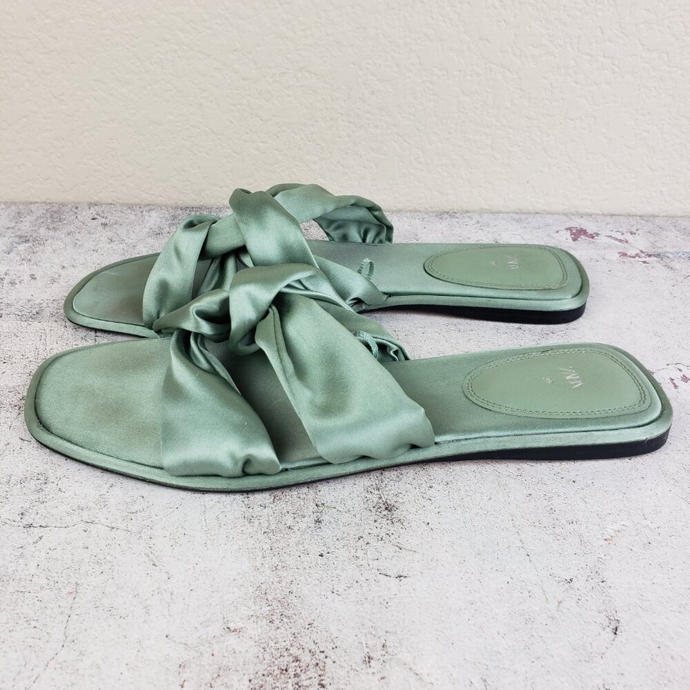 ZARA Knotted Flat Sandals Satin Flip Flops Green Bow Slippers size 39 US 8.5 - Picture 3 of 12